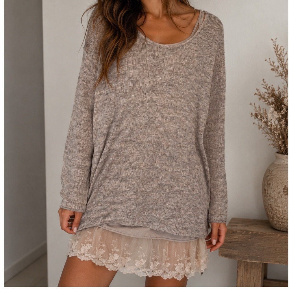 Others Follow Lace Hem Layered Sweater Dress Boho Coquette Taupe Small kk